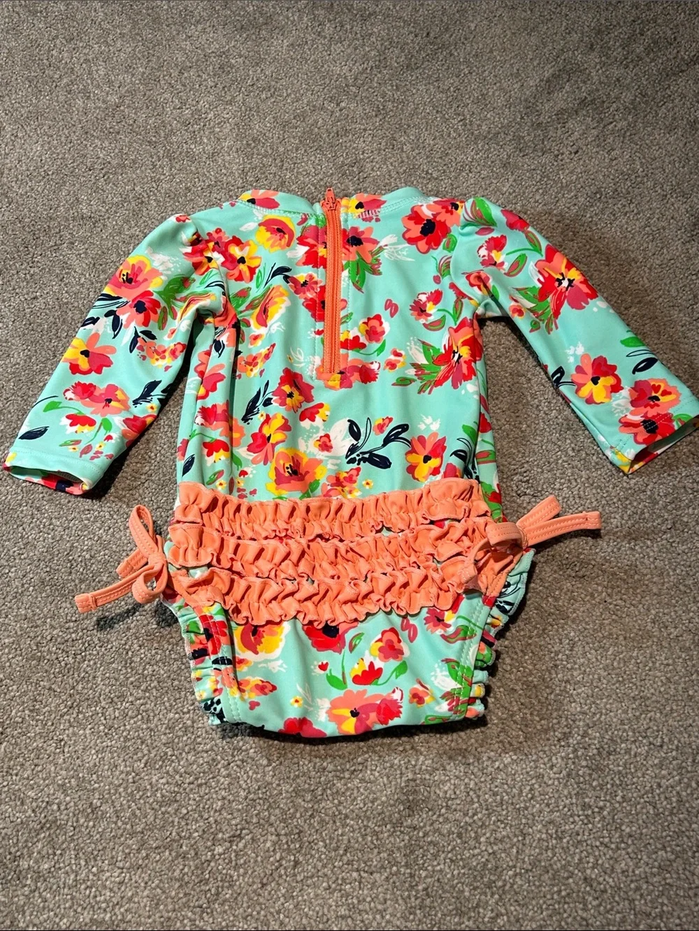 Ruffle Butts Mint Floral Long-Sleeve One-Piece Swimsuit with Coral Ties